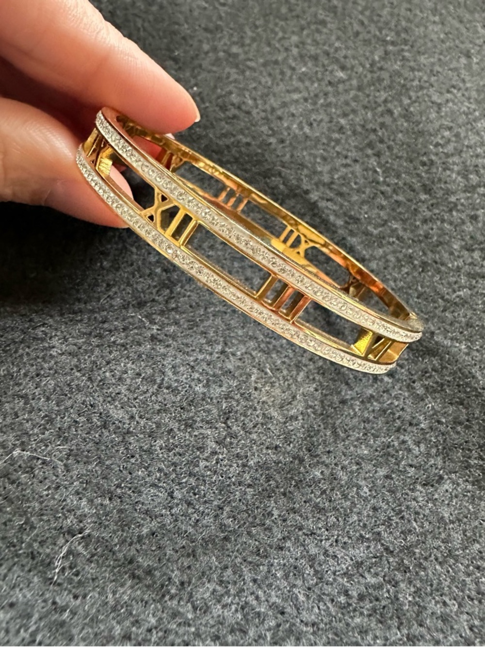 Gold Tone Roman Numeral Bangle Bracelet with Crystal Accents - New